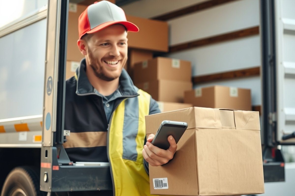 Delivery driver checking a smartphone beside a loaded box truck
