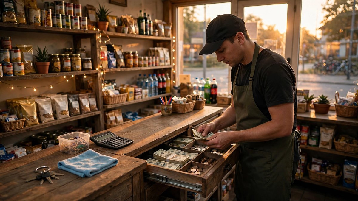 A shop employee counts the cash drawer during the end-of-day closing routine in a quiet small retail store.