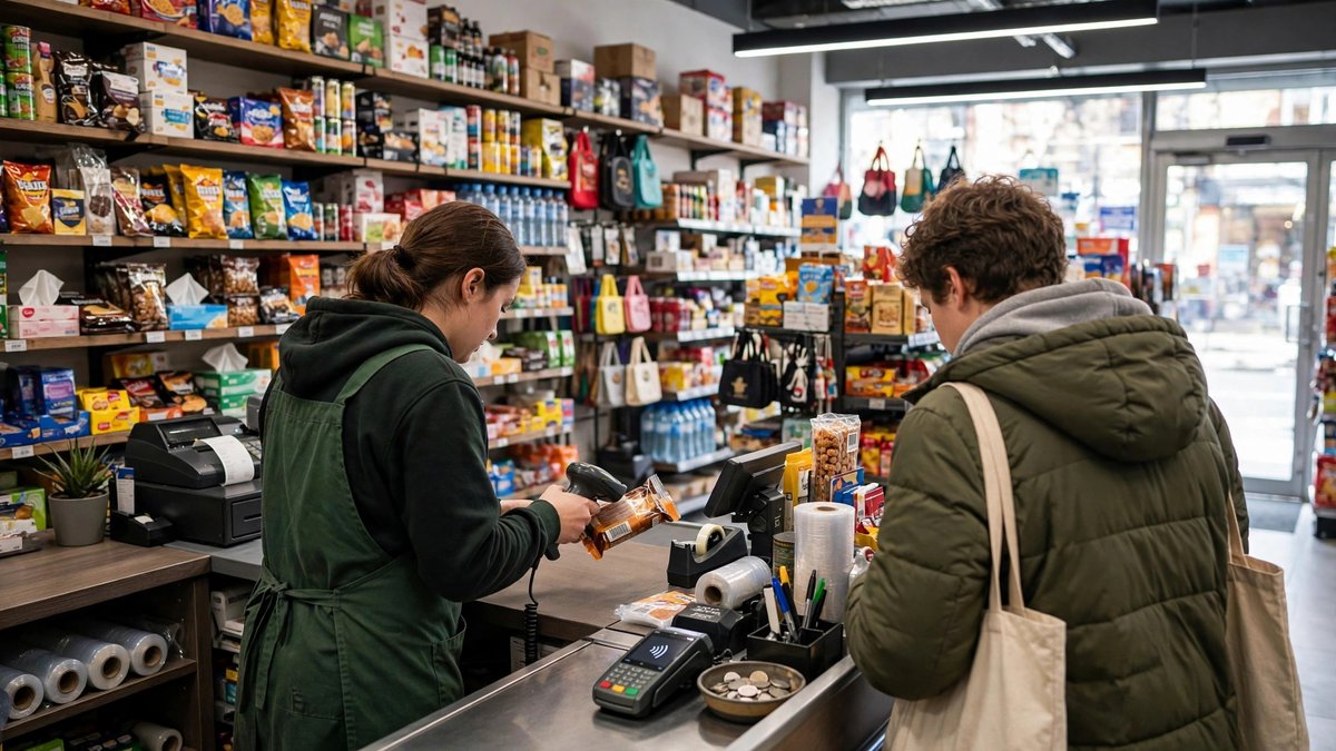 A cashier scans a barcoded product at a small shop checkout counter while a customer waits during a busy day.