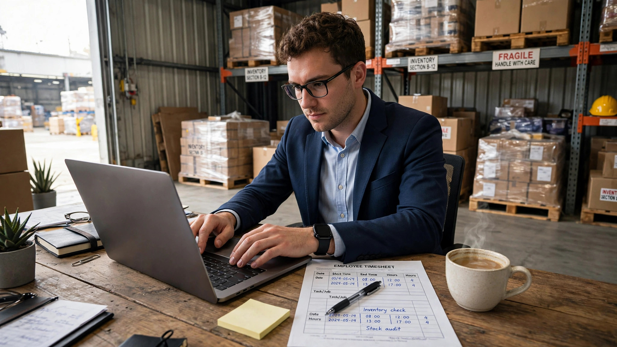 Consultant typing on a laptop with a paper timesheet on the desk