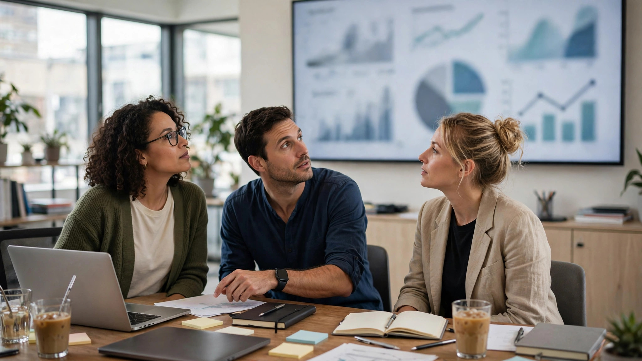 Consulting team reviewing a project board in a bright office