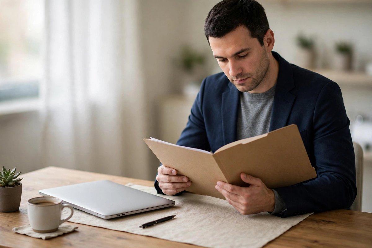 A manager reviews one clear purchase agreement folder at a calm, tidy desk instead of digging through long email chains.