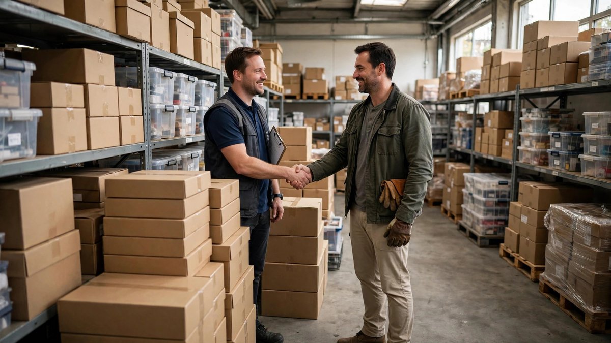 An operations manager shakes hands with a supplier in a tidy warehouse stocked with regular supplies.