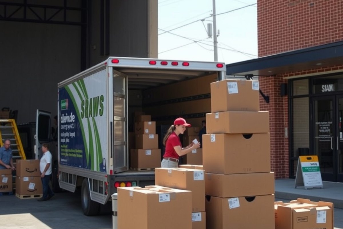 Delivery truck unloading boxes of supplies at a loading dock