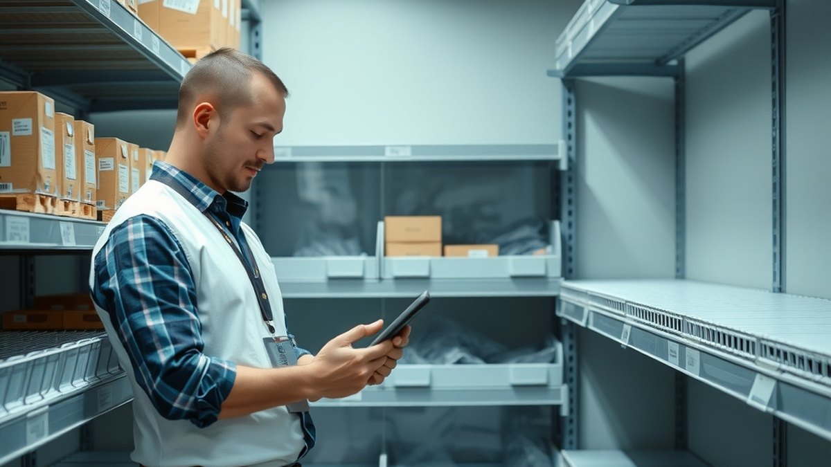 Purchasing manager checking low stock bins with a tablet