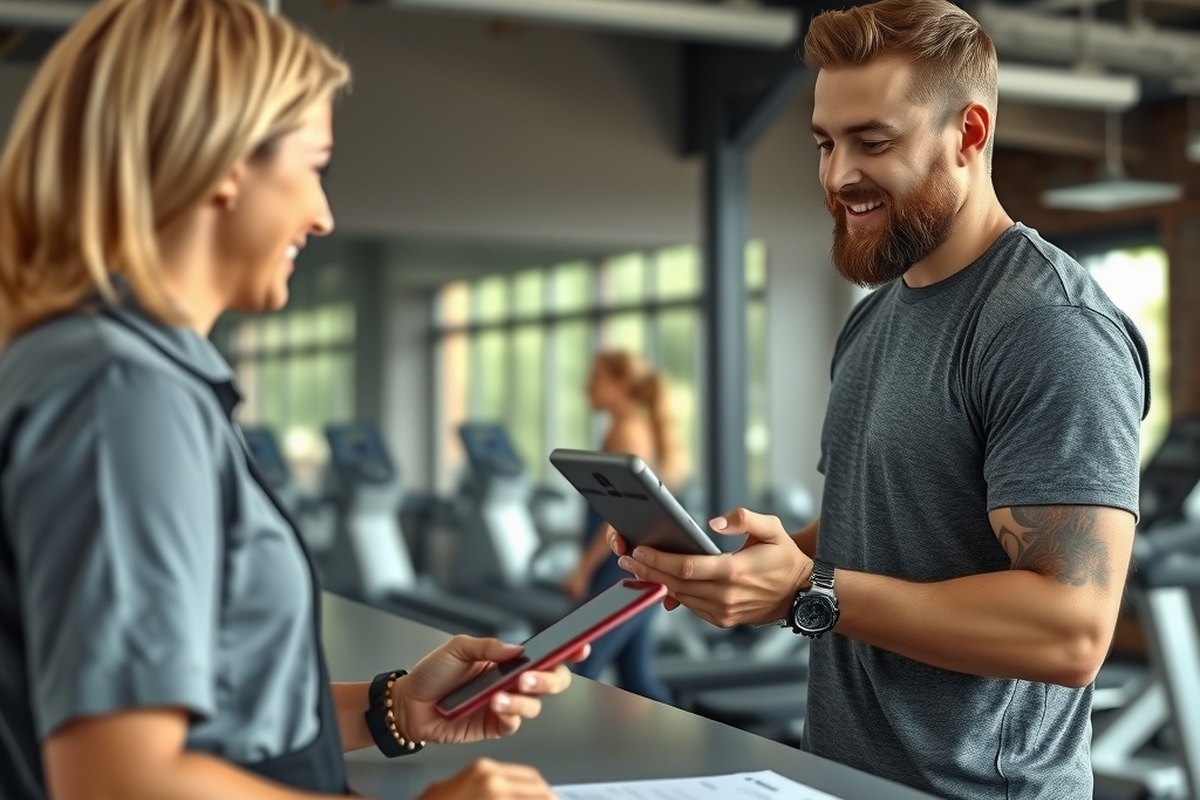 Gym front desk staff checking in a member with a tablet
