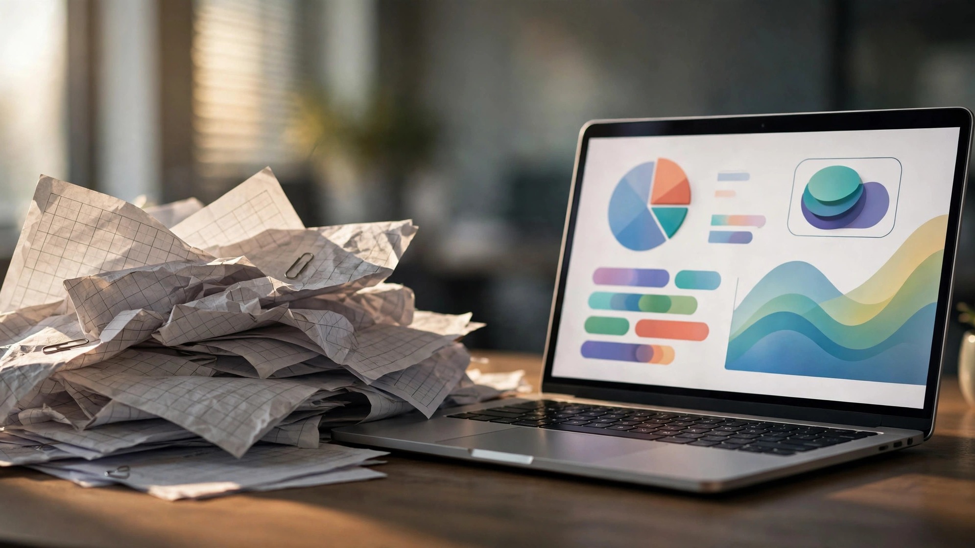 Laptop displaying an analytics dashboard beside a messy pile of paper spreadsheets and a coffee mug on a wooden desk
