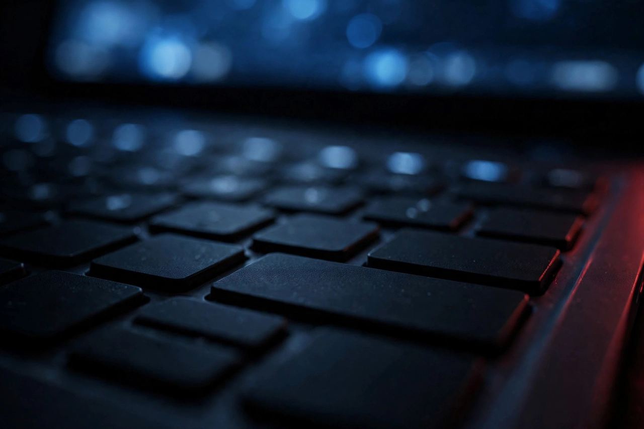 Close-up of a laptop keyboard lit by blue screen glow in a dark room during late-night troubleshooting