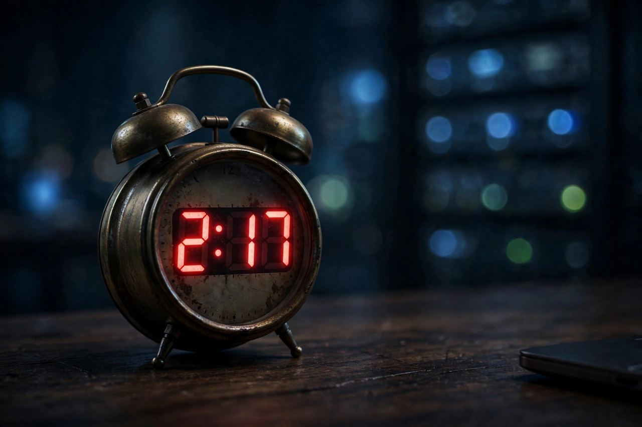 Vintage alarm clock glowing red digits showing 2:17 on a dark desk with server lights behind