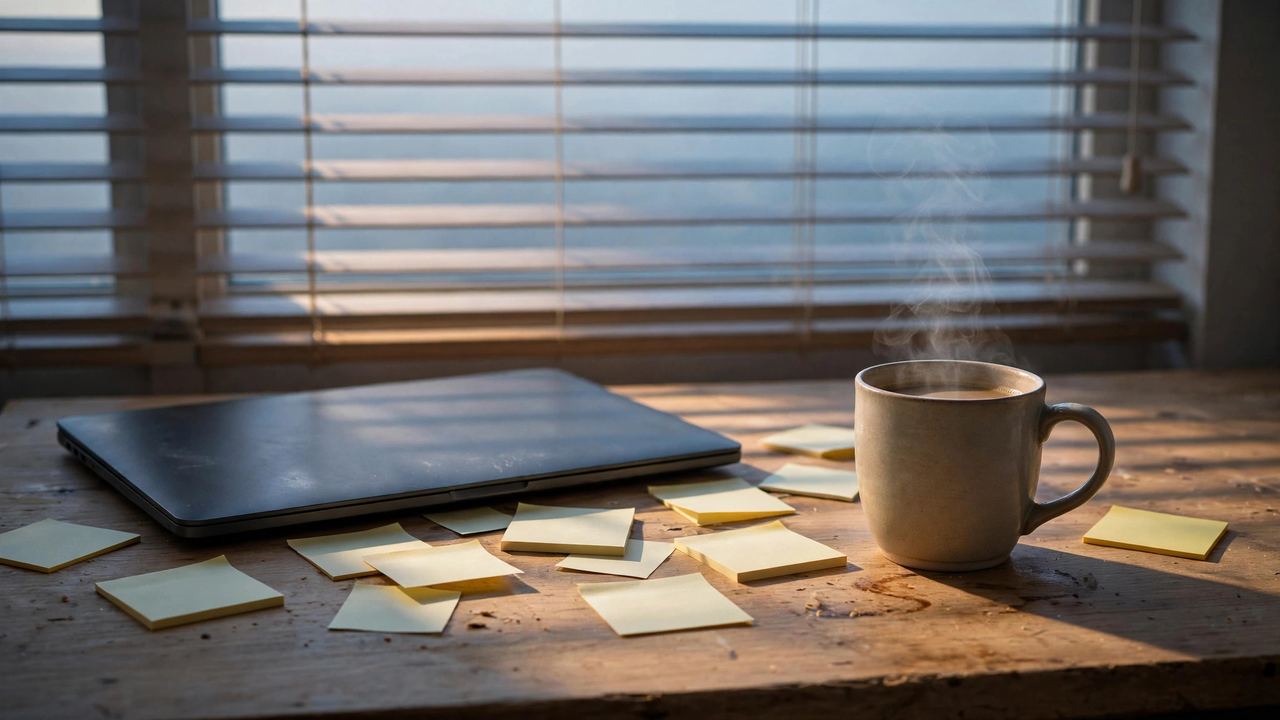 Dawn light through blinds on a desk with closed laptop and steaming coffee after a long night
