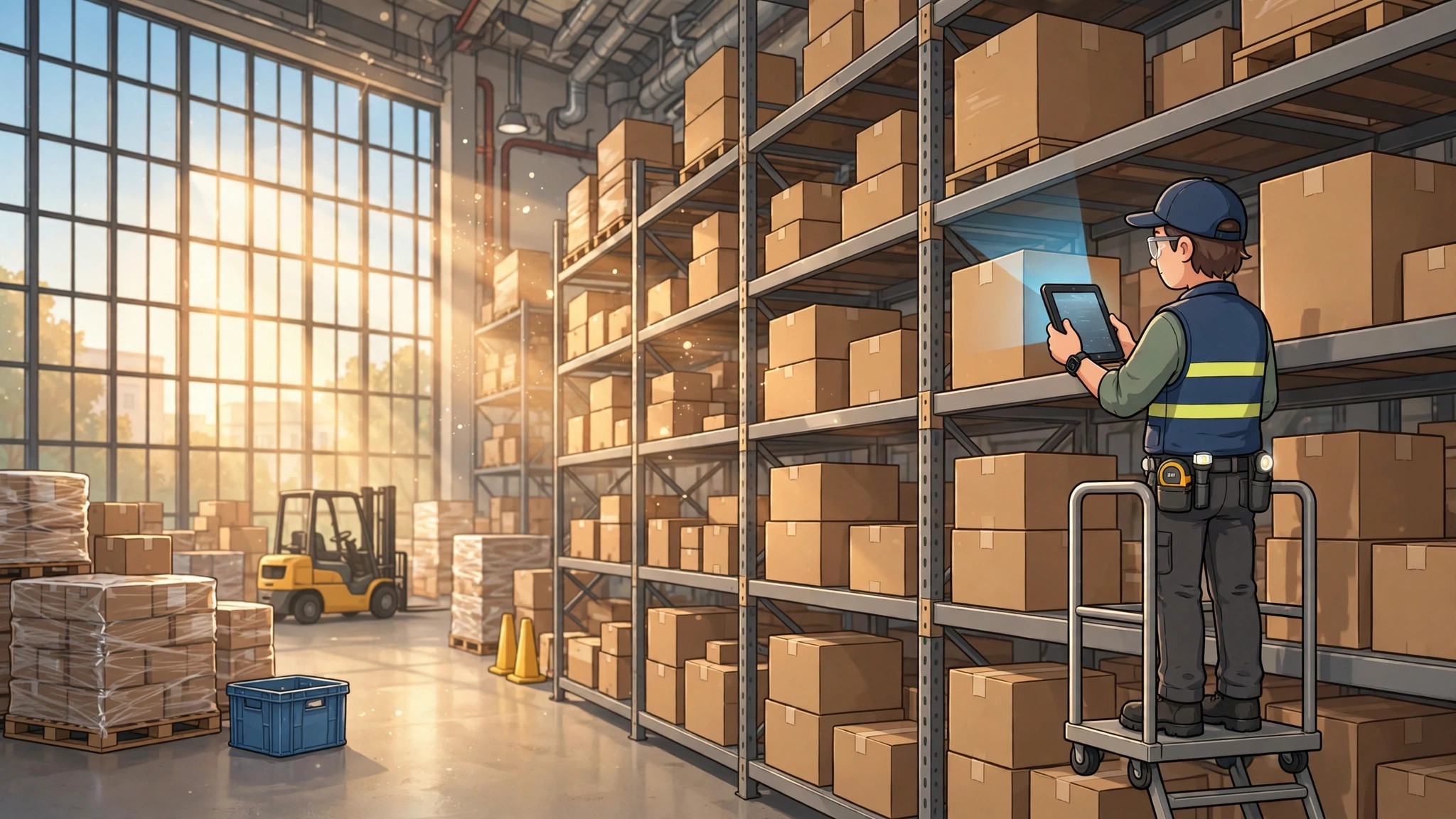 Warehouse worker doing a Saturday morning inventory cycle count with a tablet