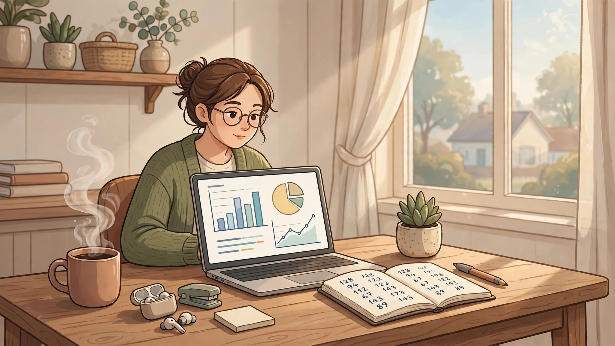 Small business owner reviewing business numbers at a desk on a Saturday morning