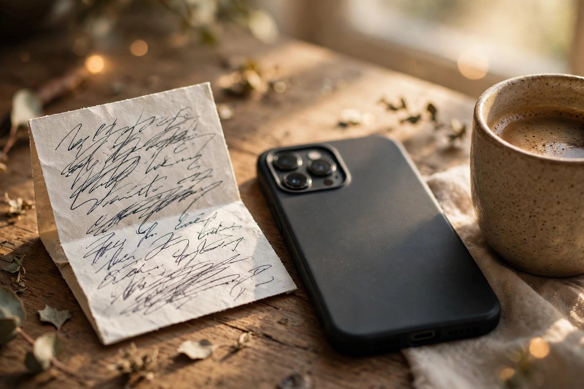A handwritten thank-you note and phone resting on a wooden desk next to a coffee mug in warm light.