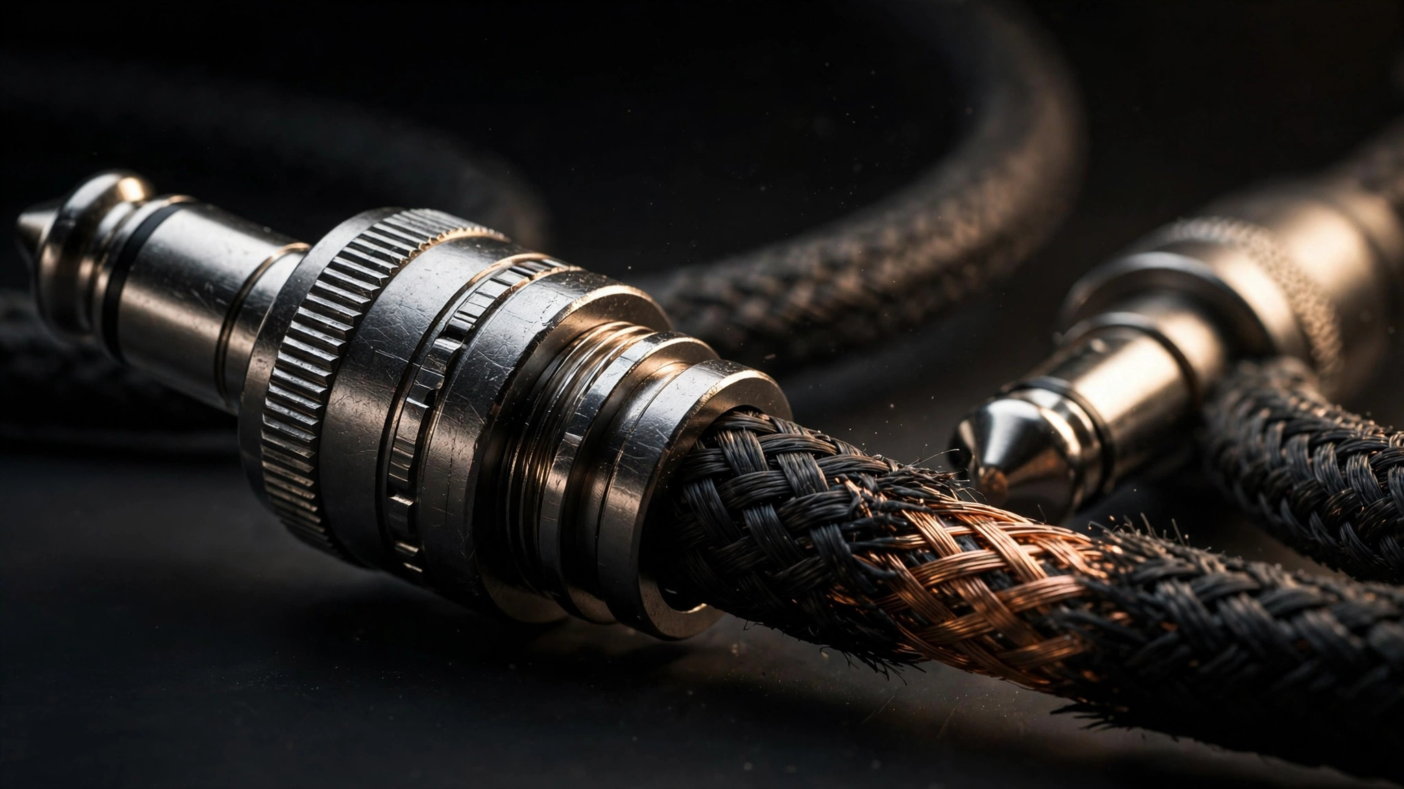 Close-up of premium guitar cable connectors showing braided shielding and metal jack plugs