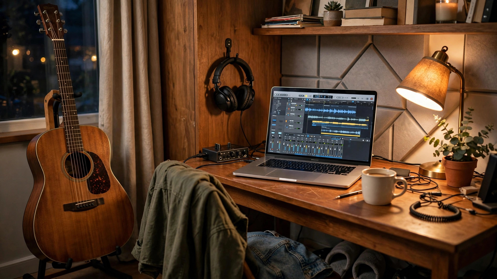 Home studio desk with acoustic guitar, laptop, and headphones in warm lamplight