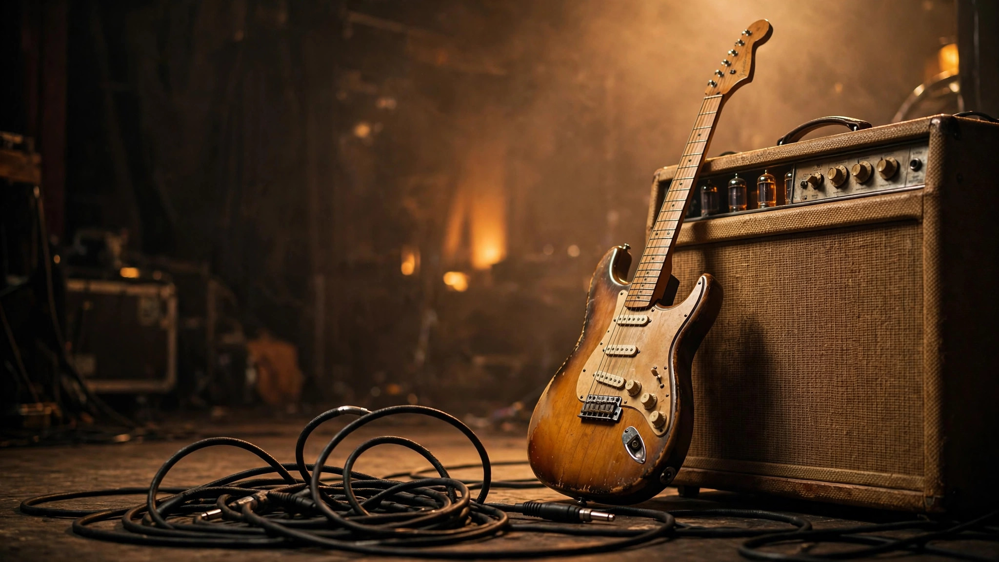 Electric guitar leaning against a vintage amplifier with coiled guitar cables in warm stage light