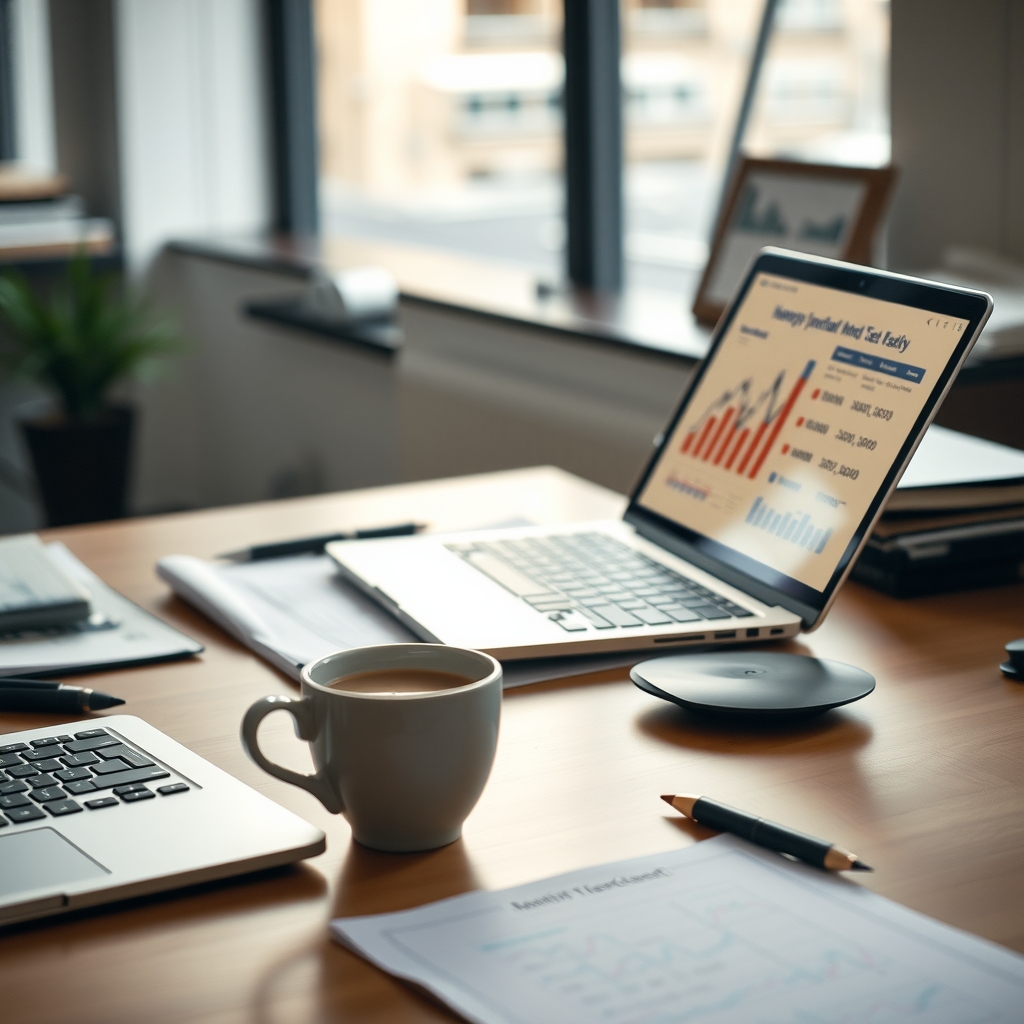 Laptop showing financial reports on an accountant's desk at month-end