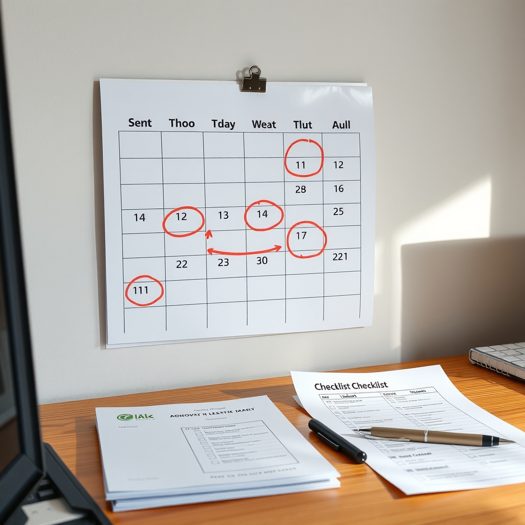 Month-end close checklist and calendar on an office desk