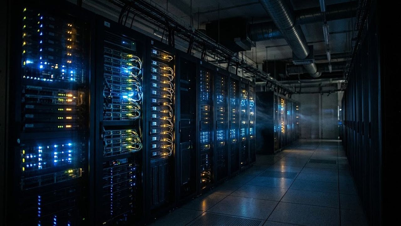 Dark server room corridor lined with racks of blinking blue and amber server lights