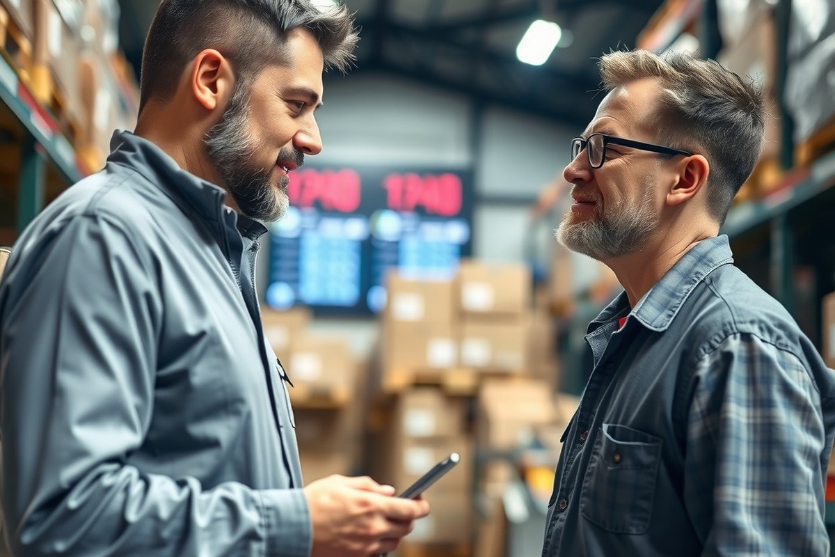 Warehouse manager and owner reviewing inventory numbers on a monitor