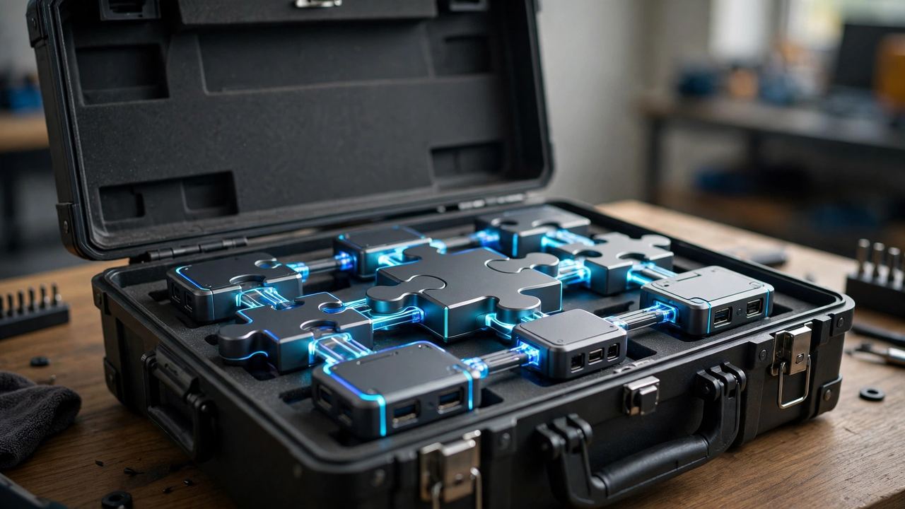 Toolbox with glowing puzzle-piece software modules