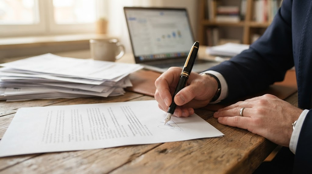 Business professional signing a document with a fountain pen at an office desk