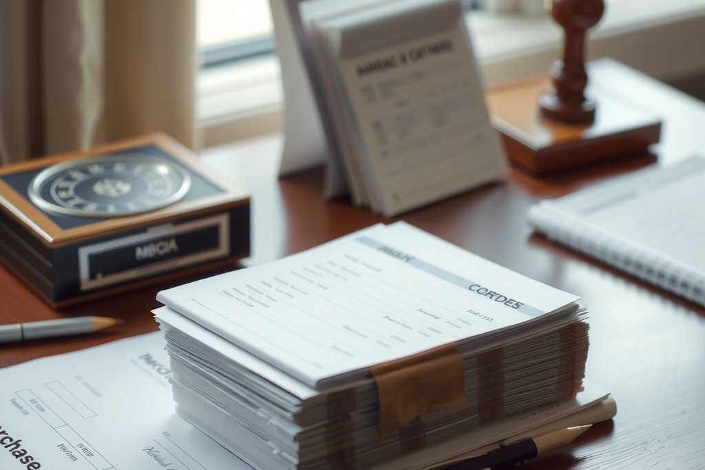 Stack of purchase orders and a stamp on a desk