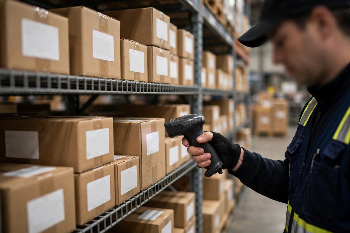 Neatly labeled product boxes on warehouse shelving while a worker confirms stock with a handheld scanner.