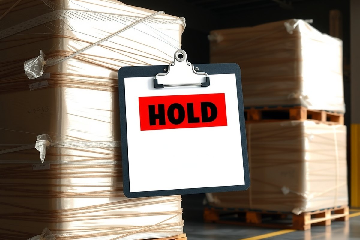Wrapped pallets on a shipping dock with a hold clipboard