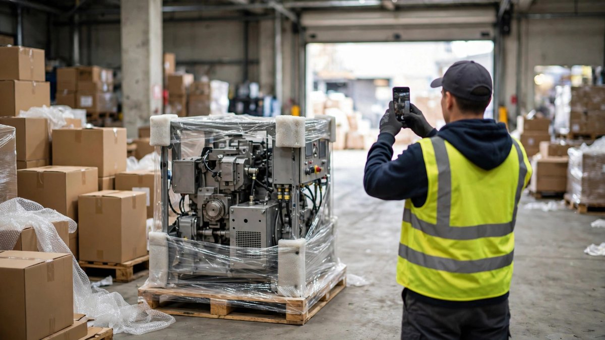 A warehouse worker takes a photo of a newly delivered machine to document it for the fixed asset register on the day it arrives.