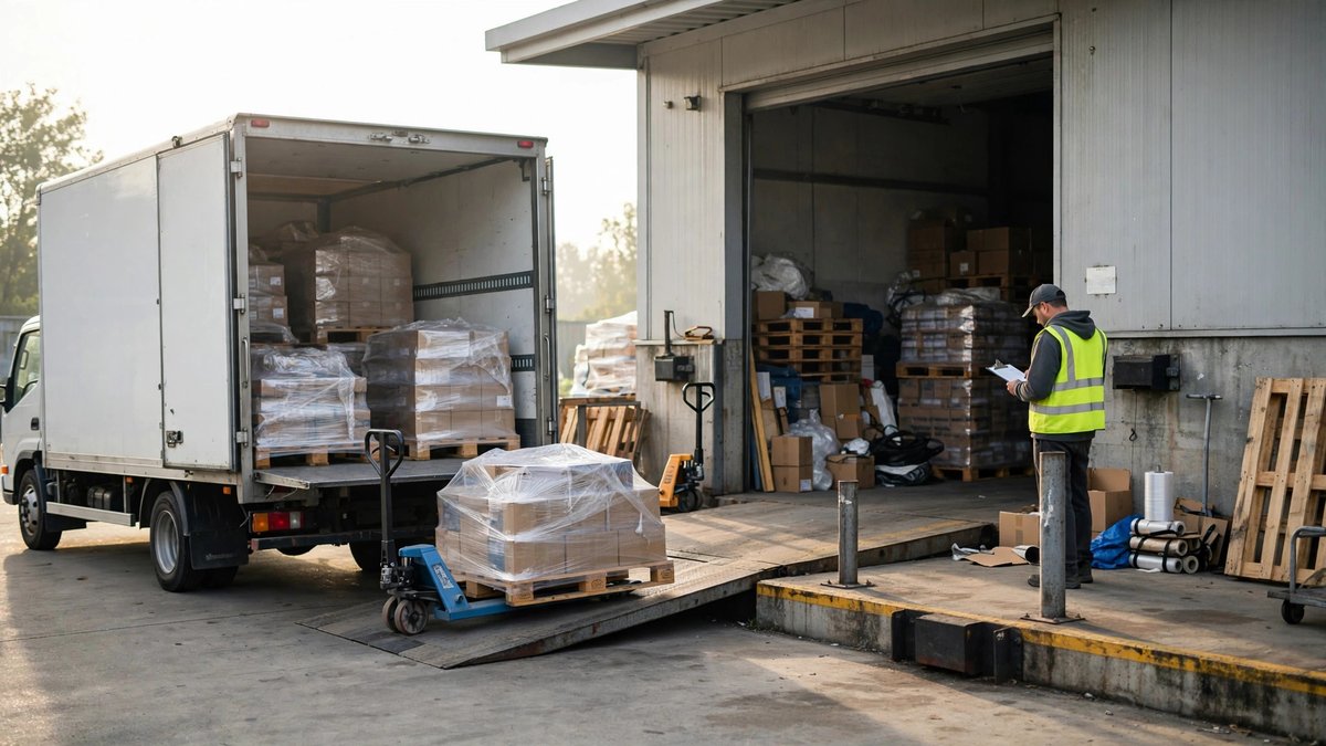 Workers unload palletized goods from a delivery truck at a small warehouse dock while a receiver checks the delivery paperwork.