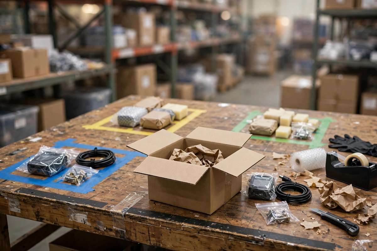 A packing bench with staged orders in marked spots while a worker checks items into an open box.