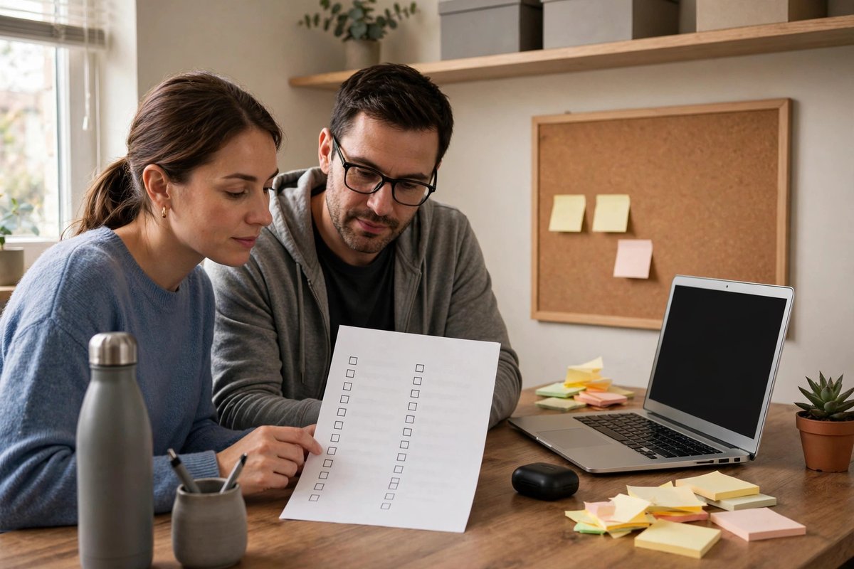Two coworkers review a simple one-page housekeeping checklist beside a computer while clearing away old sticky notes.