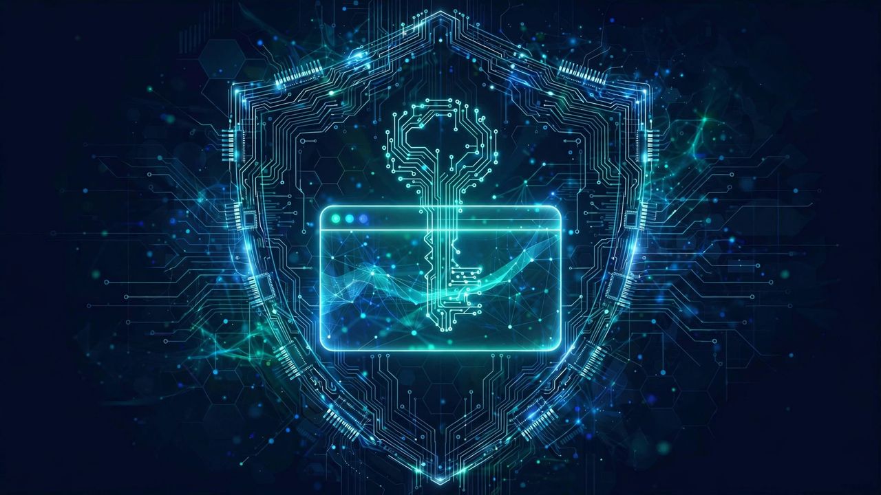 A circuit-board shield and key guarding a browser window — MFA security in the web client