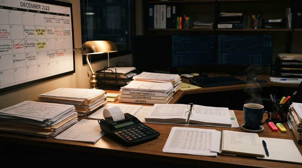 Accountant's desk at year end with a calendar, calculator, coffee and organized financial papers under warm lamp light