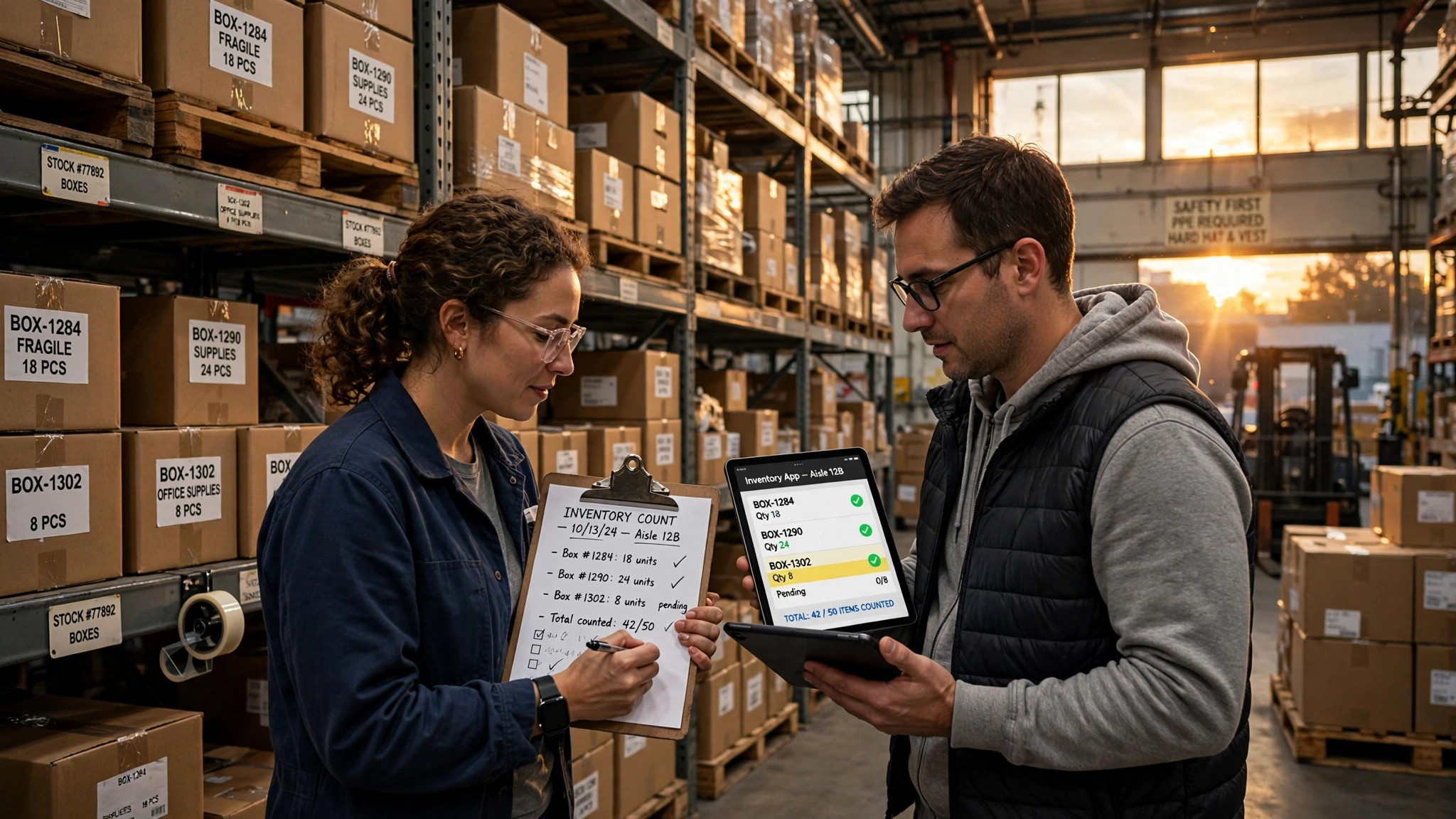 Two coworkers counting inventory boxes on warehouse shelves