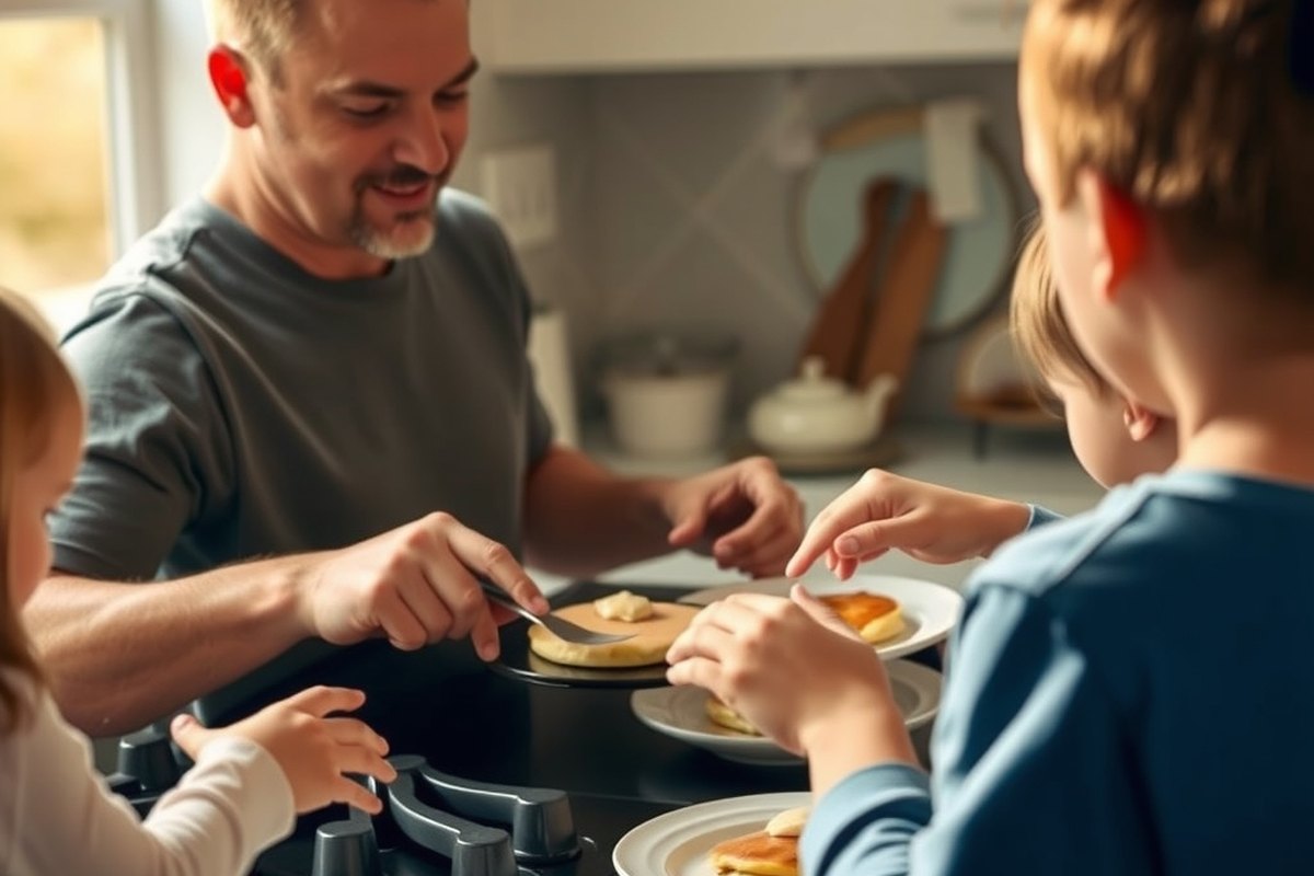 Dad flipping pancakes at the stove for his kids