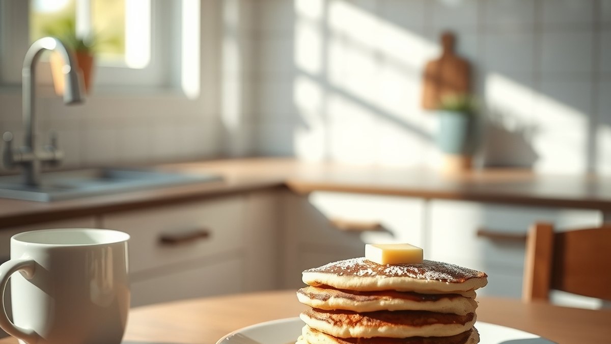 Stack of pancakes and coffee on a Saturday morning kitchen table
