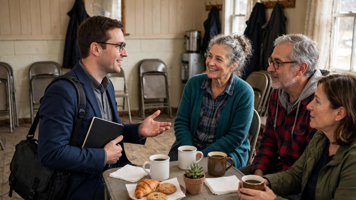 A consultant chats with neighbors at a small-town community fundraiser, where relationships start long before any sales call.