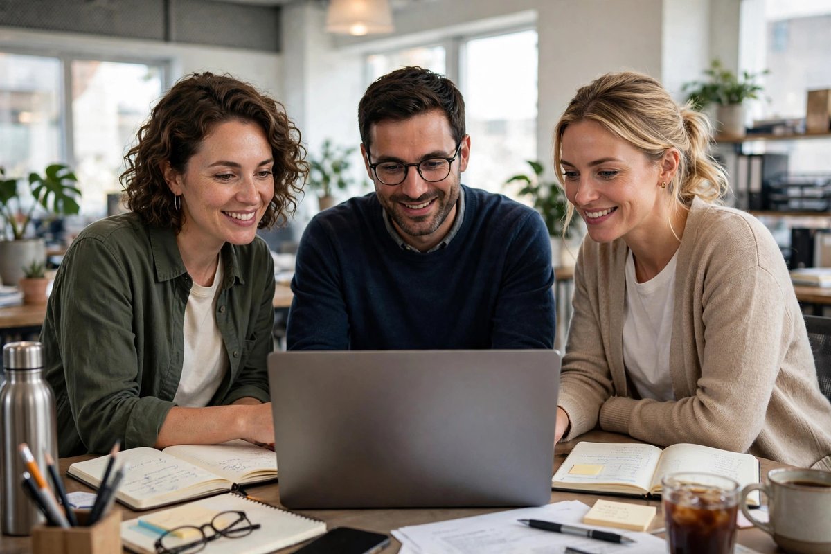 A small office team calmly practices restoring a file on a laptop during a routine quarterly backup test.