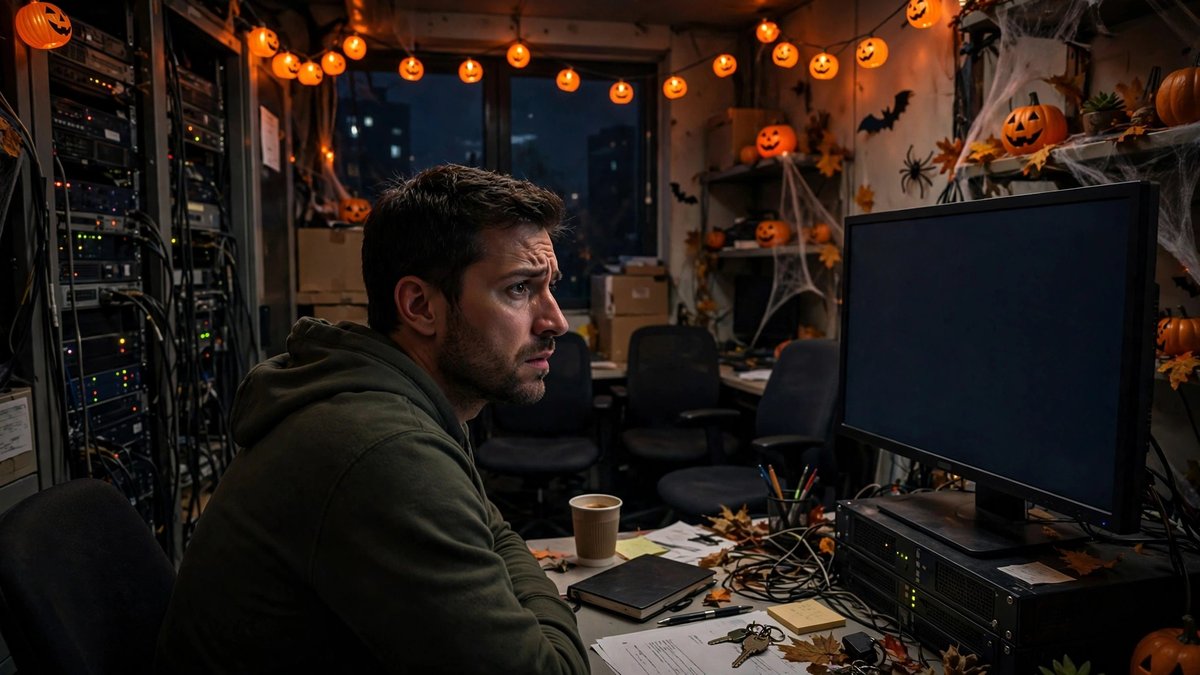 A small business owner sits alone at night facing a dark server screen after discovering the backup cannot restore anything.