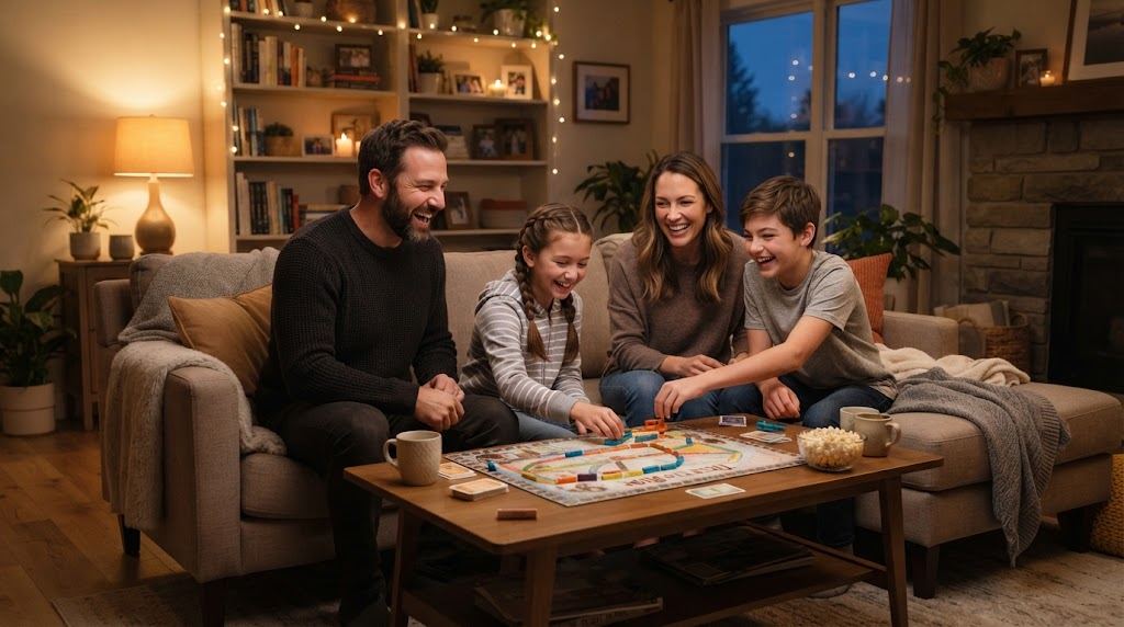Family relaxing together on a couch on a Sunday evening over a board game