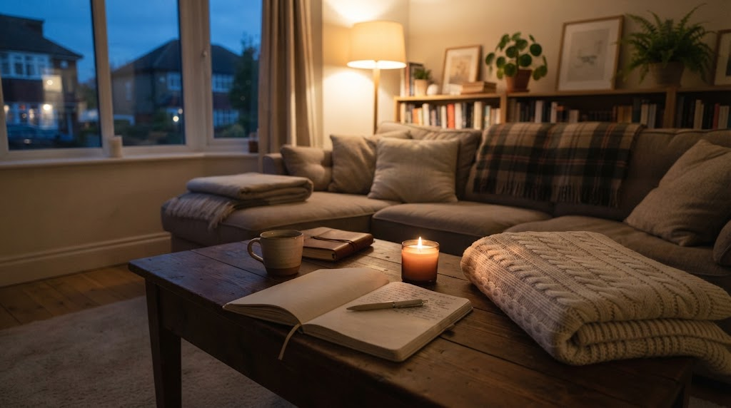 Cozy living room on a Sunday evening with a journal, lit candle and folded blanket in warm light