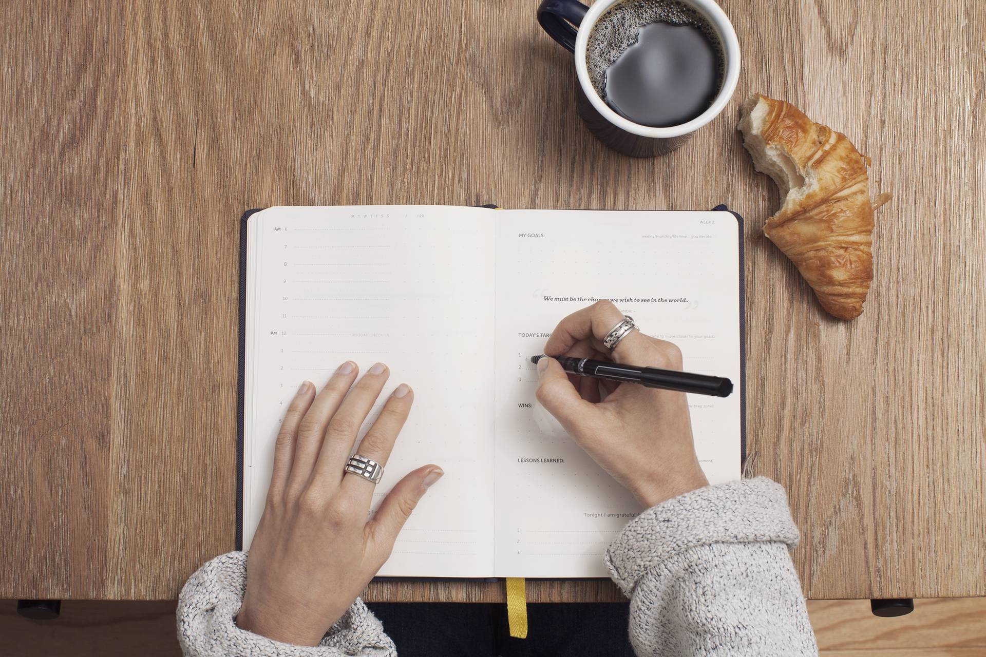 Hands writing a weekly plan in an open notebook beside a cup of coffee and a croissant