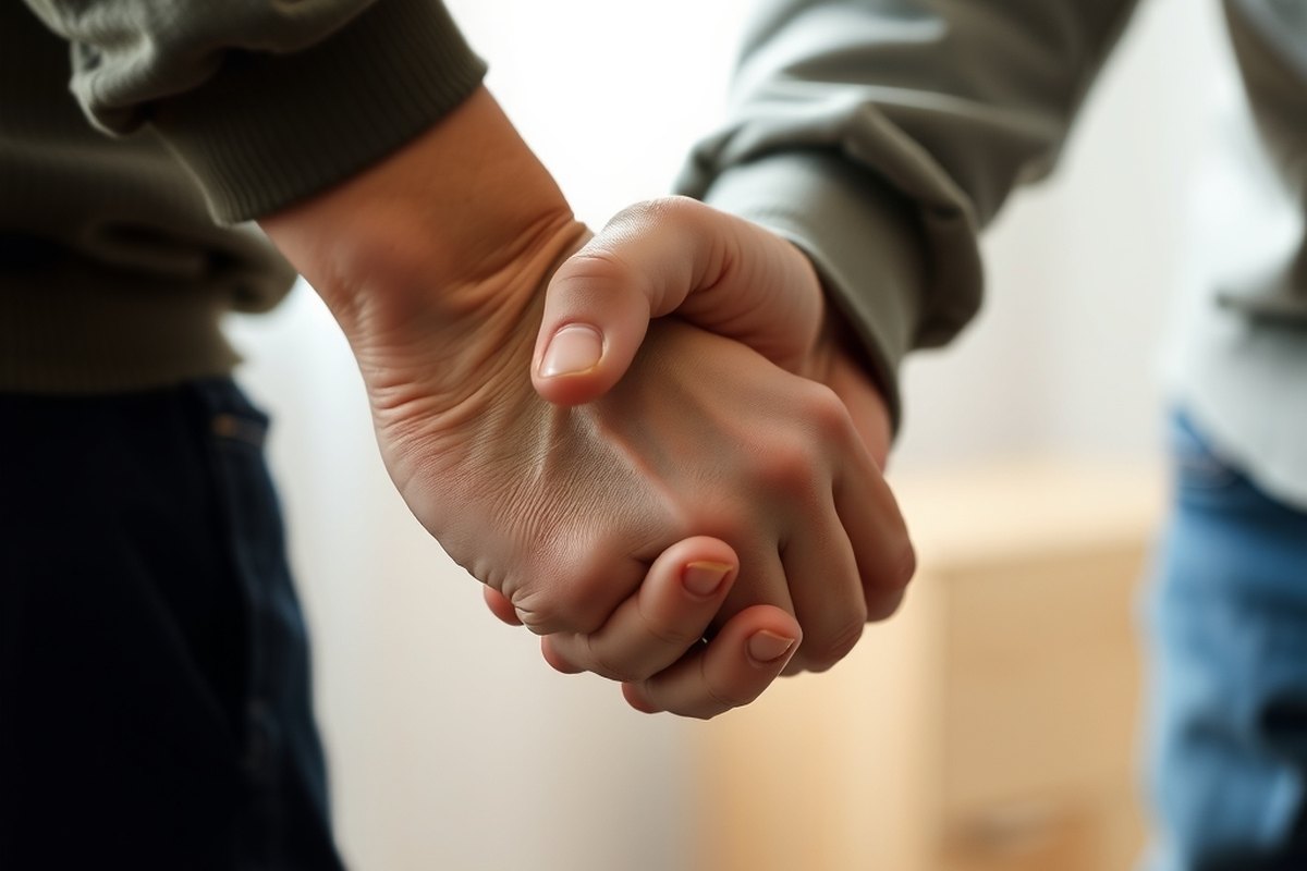 Close-up of a dad guiding his son's hand into a firm handshake