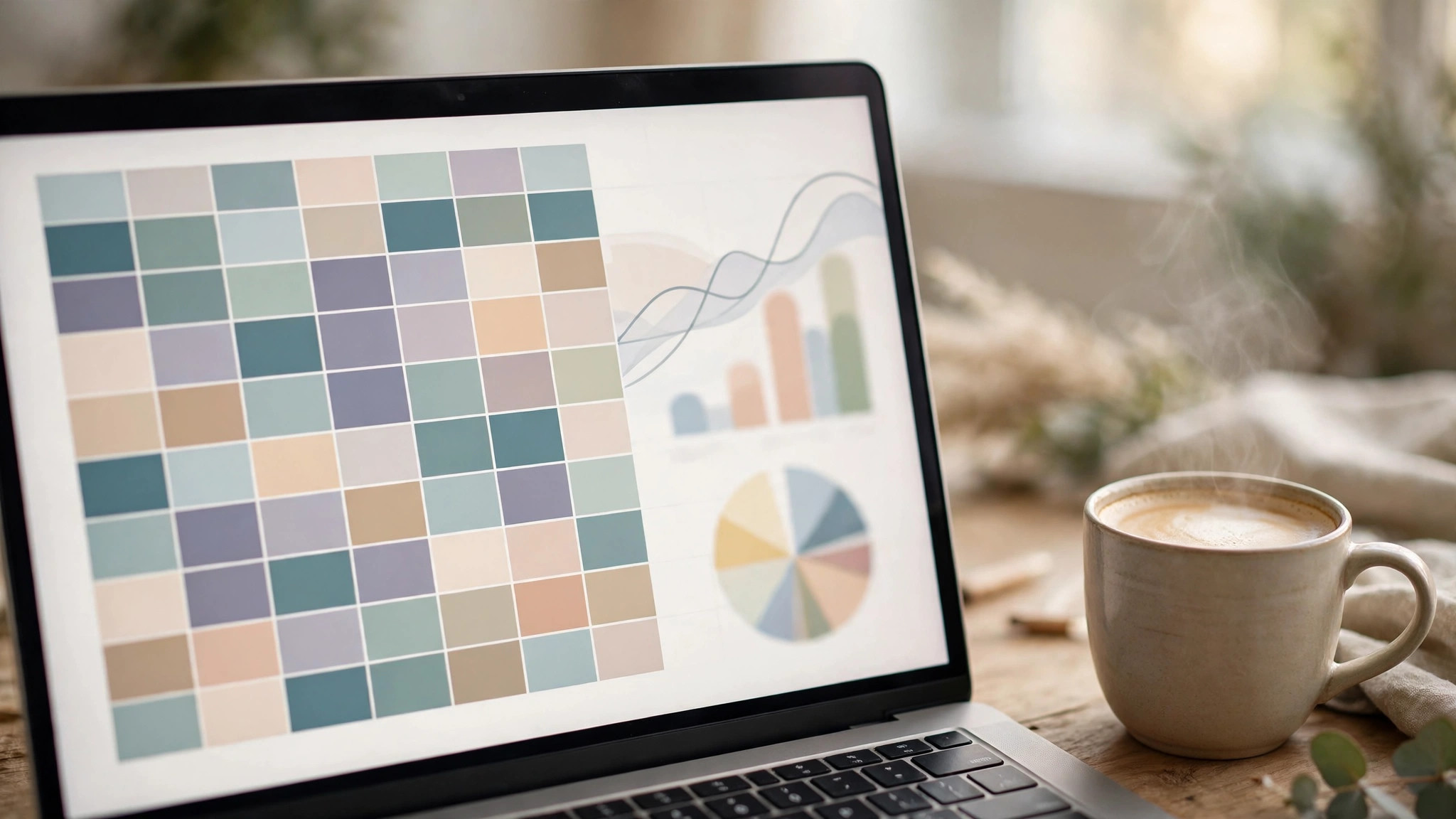 Close-up of a laptop screen showing an abstract spreadsheet with charts and a coffee cup