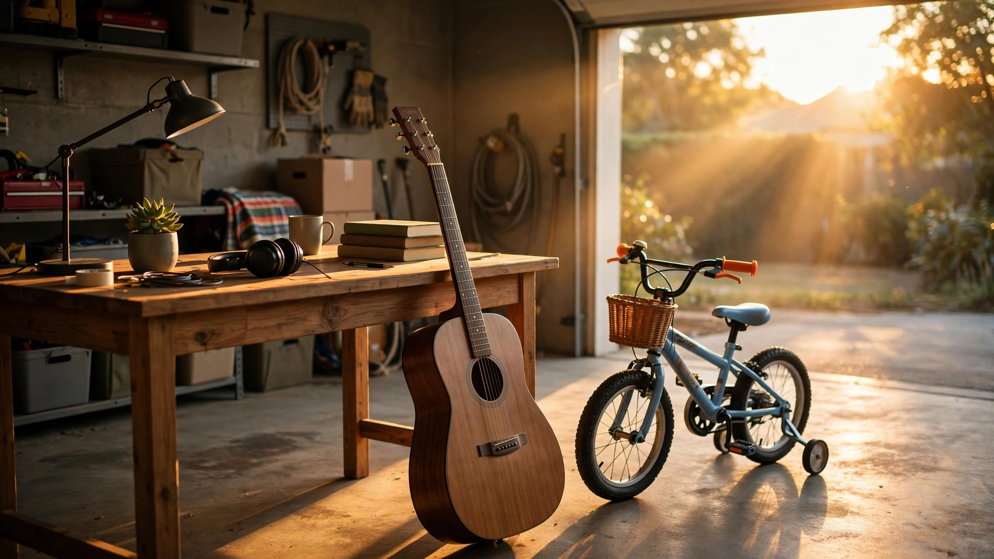 Acoustic guitar leaning against a desk next to a child's bicycle in a garage at golden hour