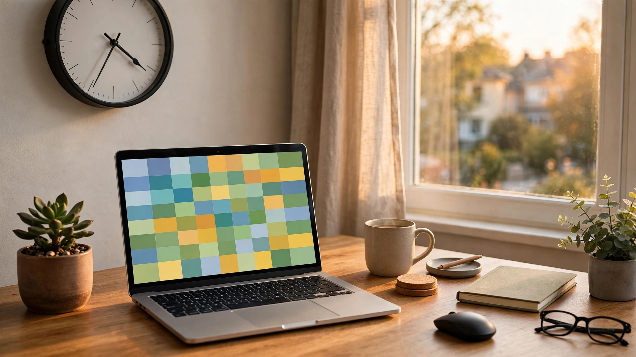 Home office desk on a Friday afternoon with laptop showing a spreadsheet report, coffee, and warm window light