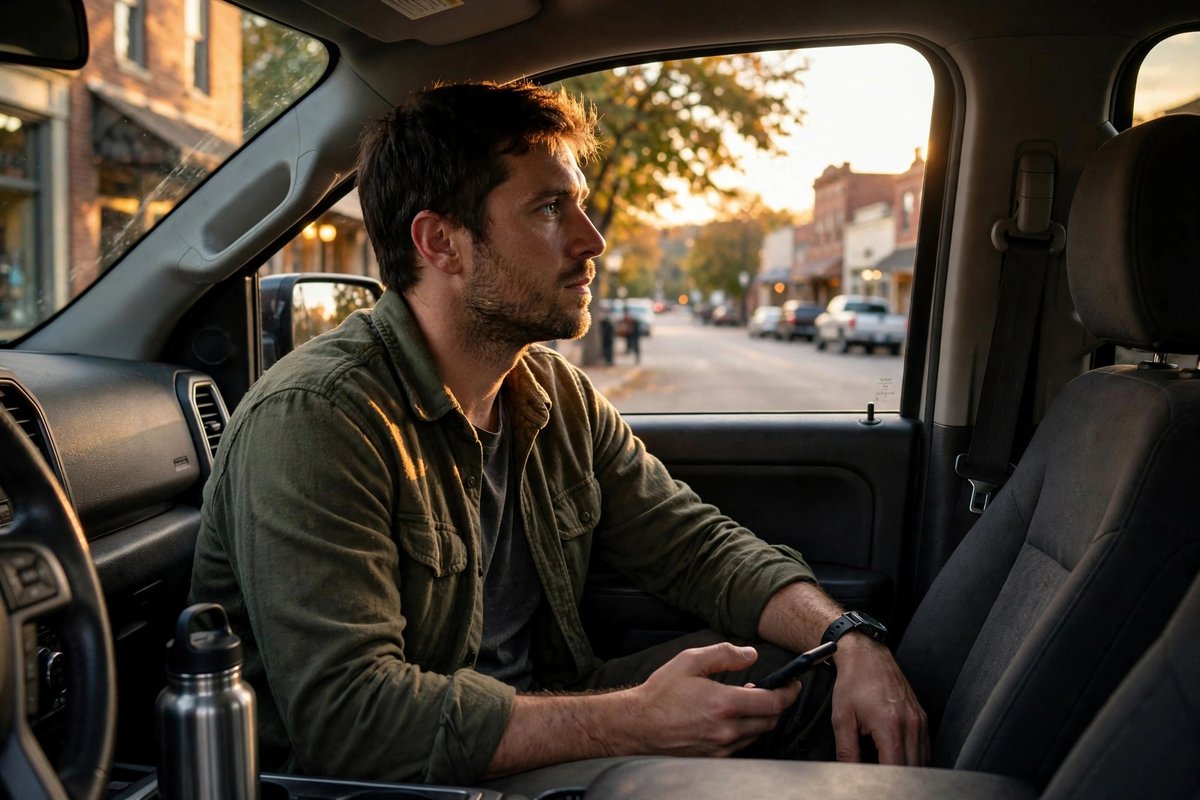 A man sitting quietly in a parked pickup truck after a difficult phone call, reflecting in warm afternoon light.