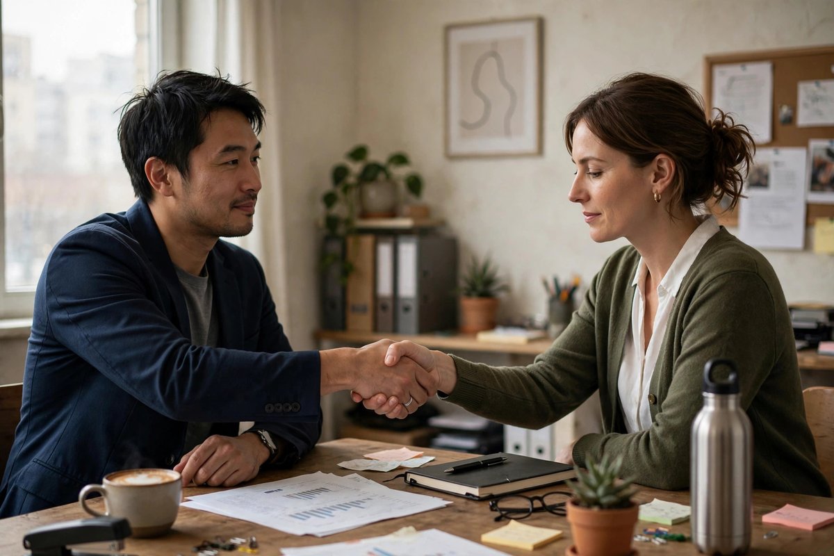 Two business owners shaking hands across a table after a calm, honest conversation in a small office.